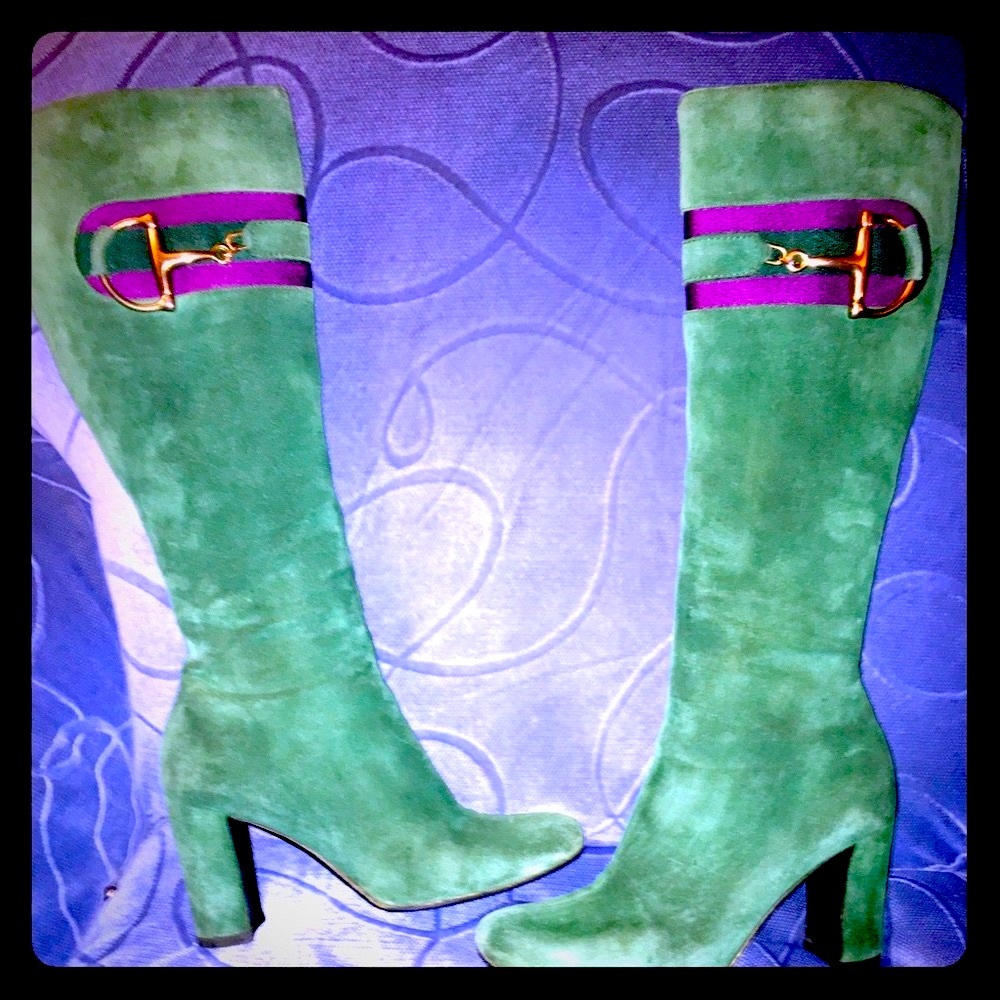 GG DEADSTOCK Gucci Green Suede Purple Ribbon w Horse-bit Boots - Picture 1 of 11